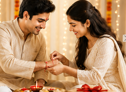 Sister tying rakhi on brother's wrist